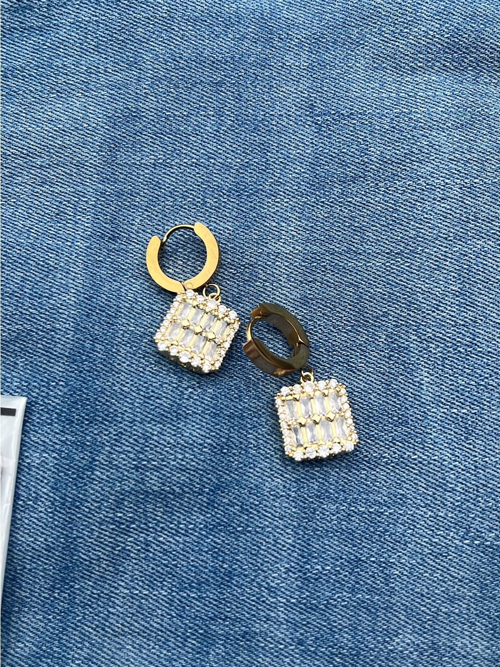 Gold Crystal Square Drop Hoop Earrings and Necklace - Women Jewelry